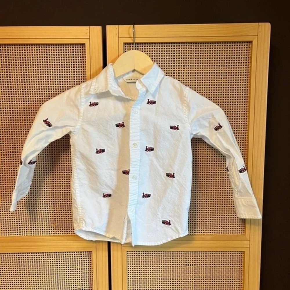 Janie and Jack Red and White Button Down Shirt with trains holiday